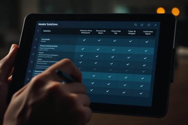 Hand reviewing a vendor comparison table on a tablet