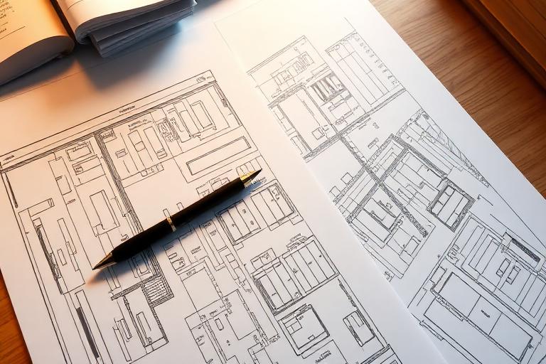 Architectural blueprints with a pen